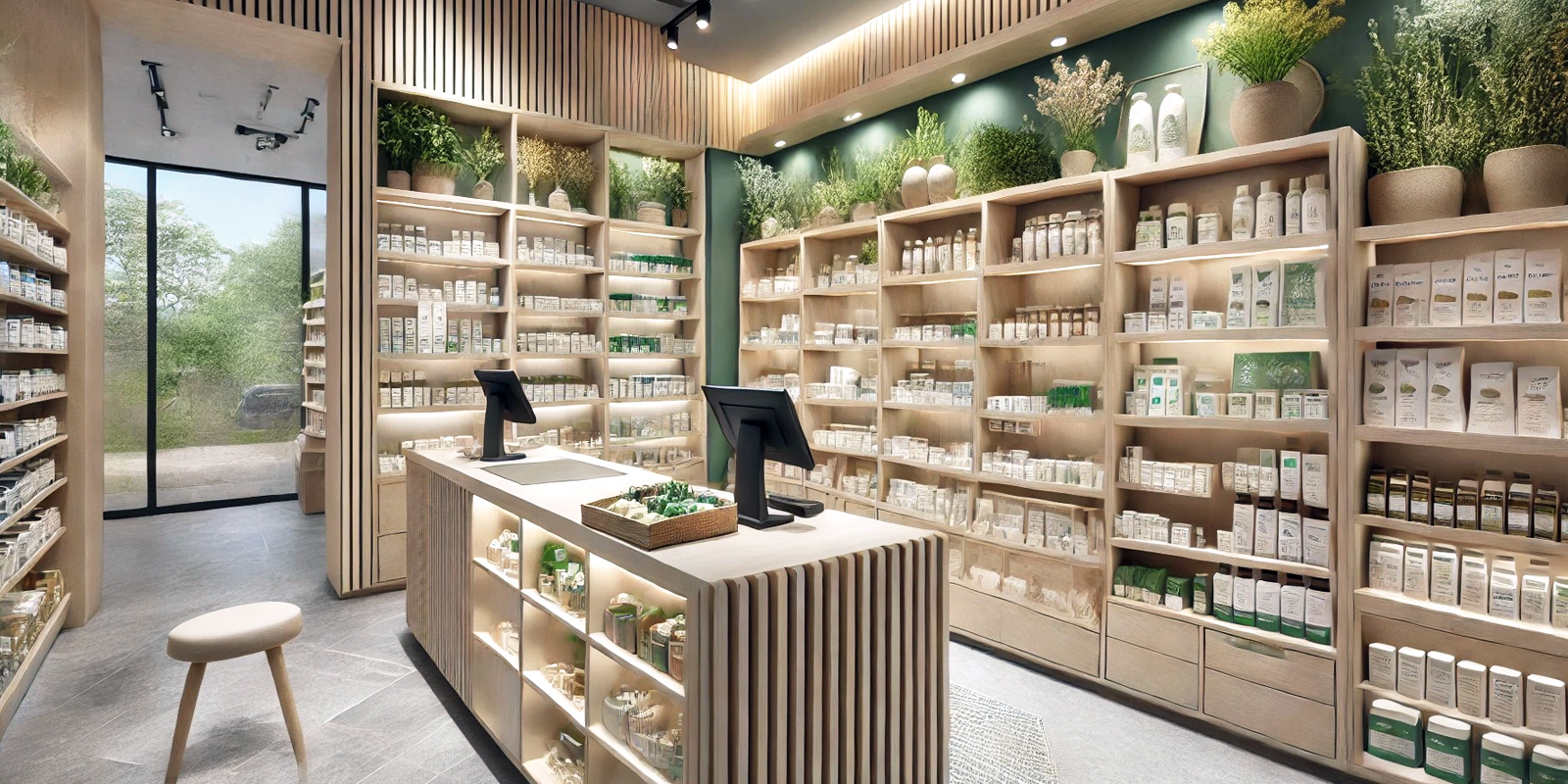 Allestimento parafarmacia prodotti naturali, design eco-friendly, materiali sostenibili, atmosfera rilassante