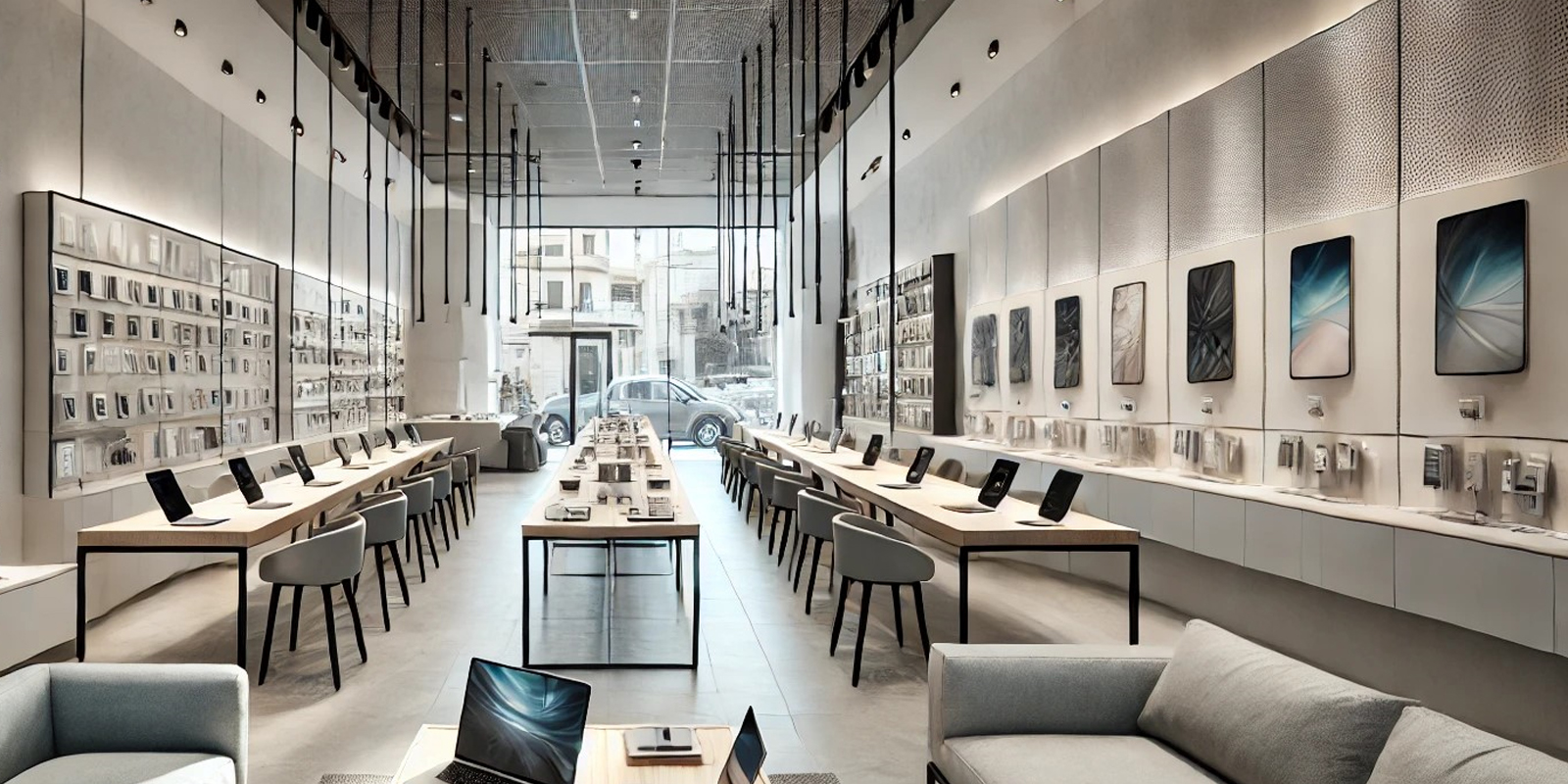 Area dimostrativa negozio hifi, design accogliente, illuminazione a tema, spazio per ascolto e visione.