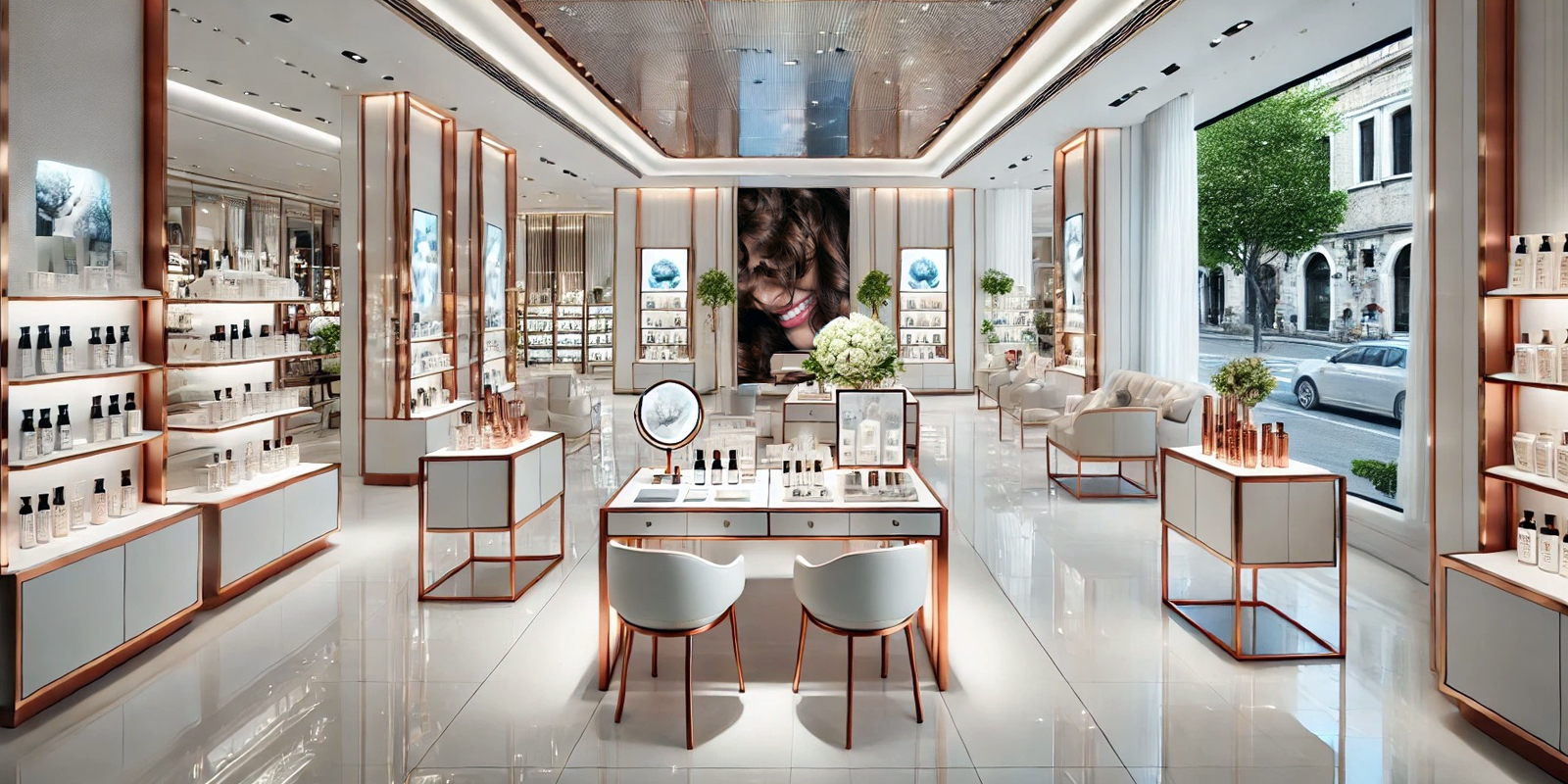 Area prova profumi negozio cosmesi, design accogliente, illuminazione a tema, spazio per prova profumi