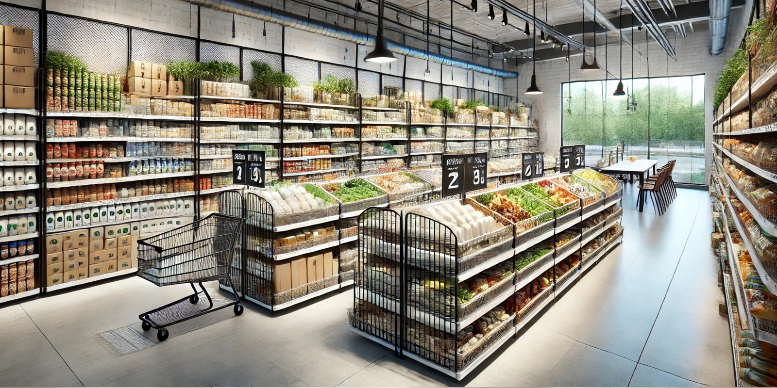 Arredo modulare negozio alimentari, scaffalature regolabili e personalizzabili, design moderno e funzionale.