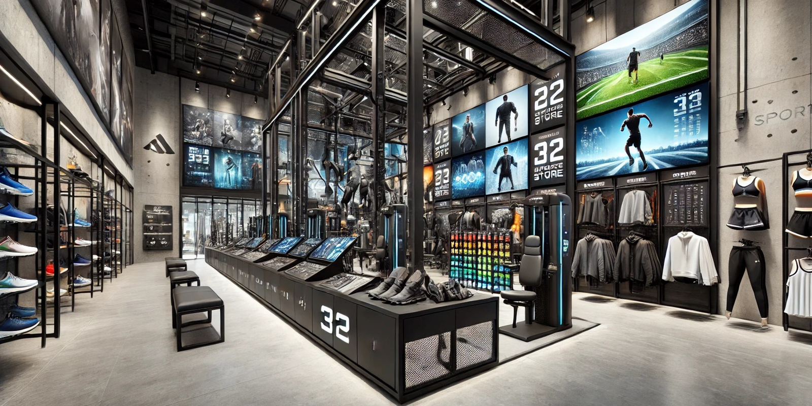 Arredo modulare negozio articoli sportivi, scaffalature regolabili e personalizzabili, design moderno e funzionale.