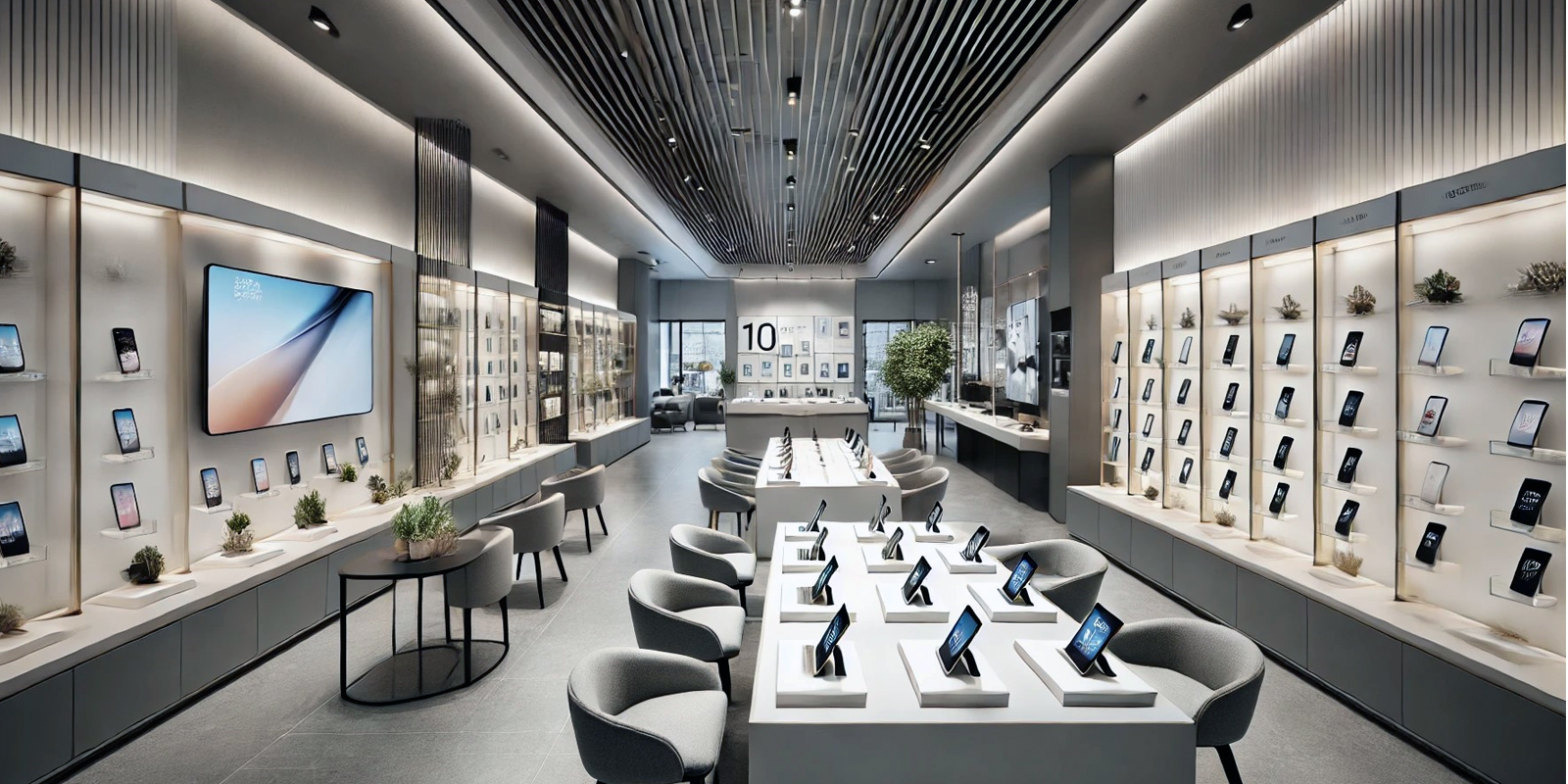 Arredo modulare negozio telefonia, scaffalature regolabili e personalizzabili, design moderno e funzionale.