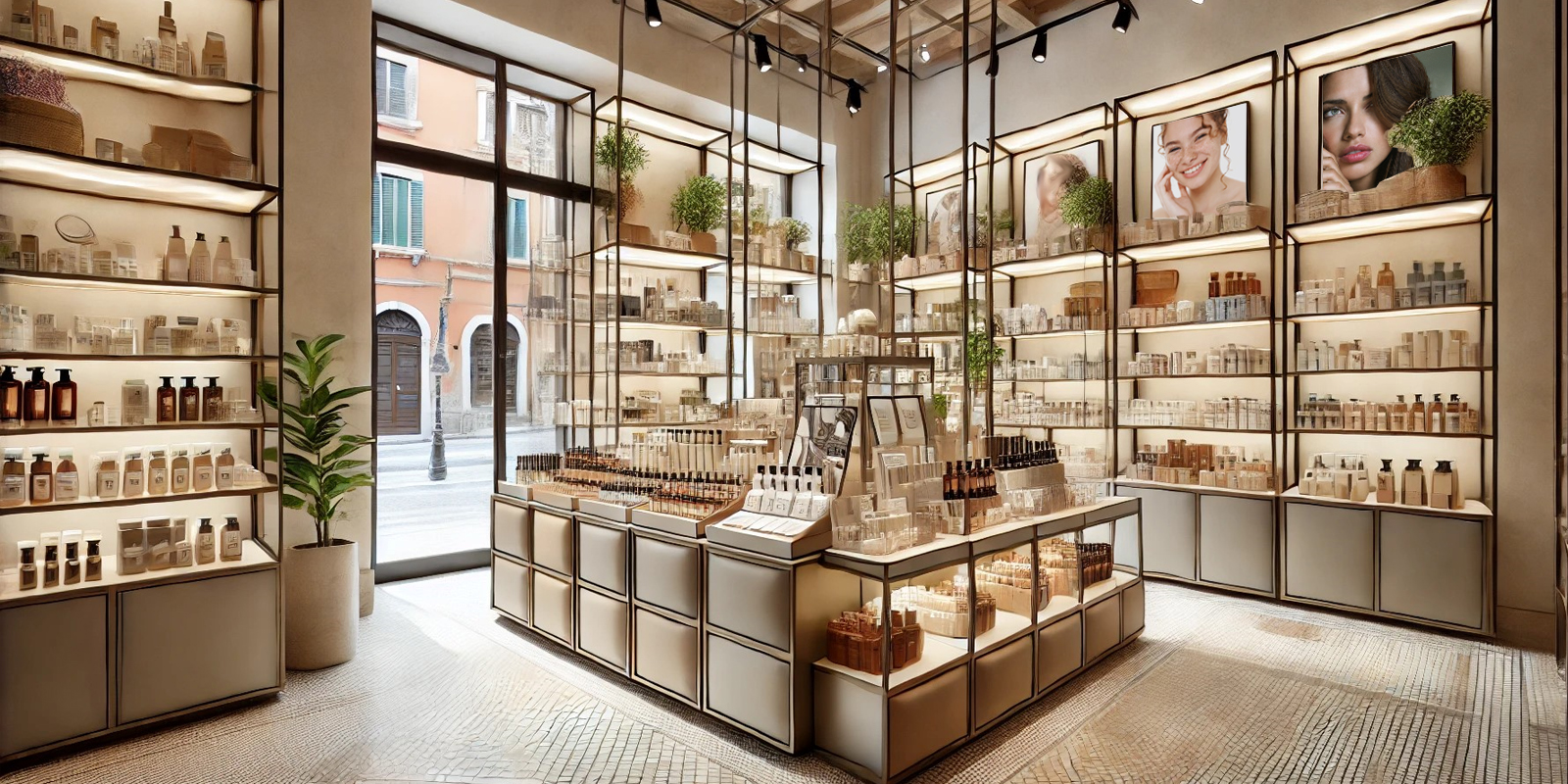 Arredo su misura negozio cosmesi, materiali di alta qualità, finiture di pregio, design personalizzato.