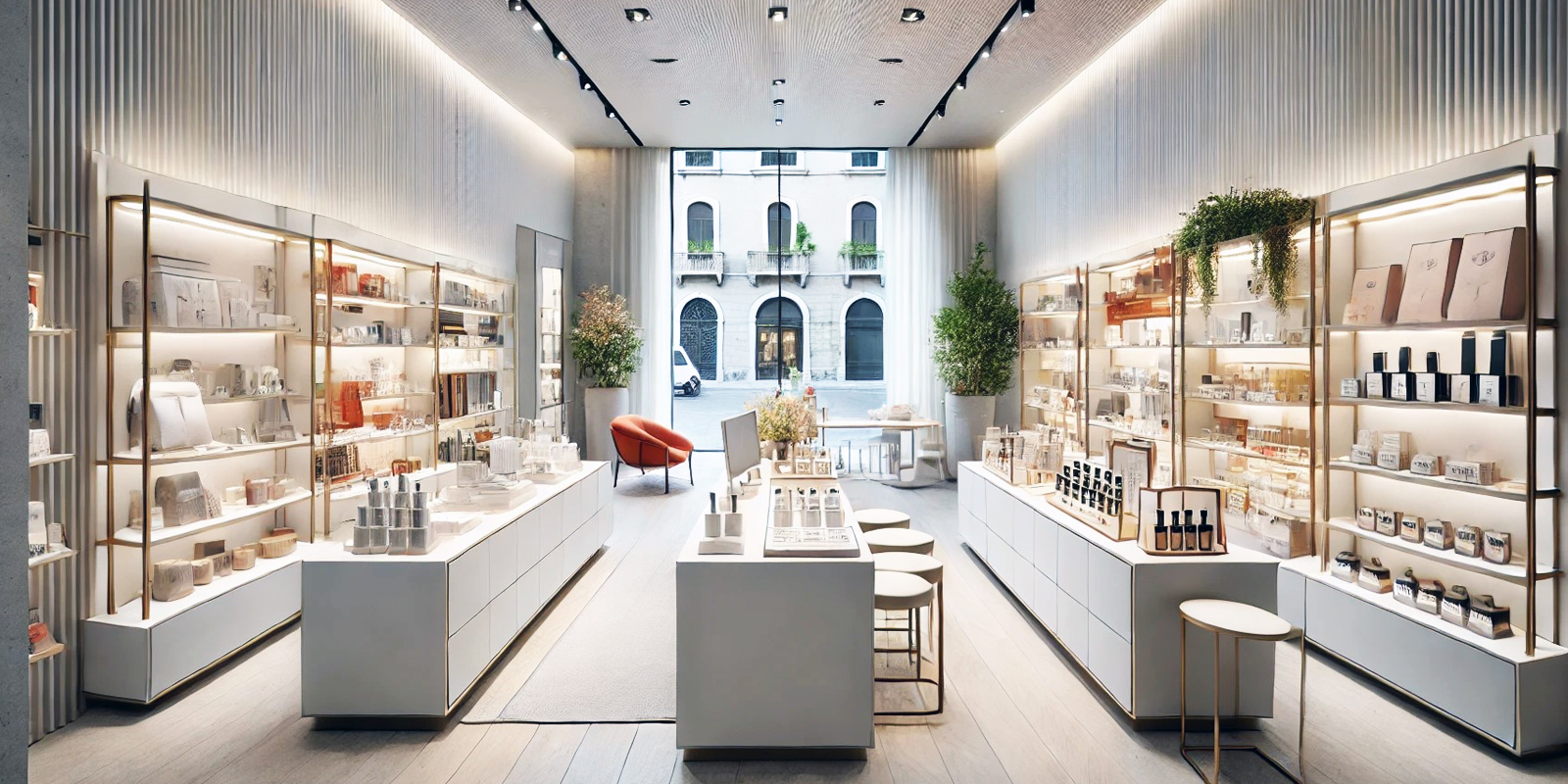 Arredo su misura negozio profumeria, materiali di lusso, finiture di pregio, design personalizzato.