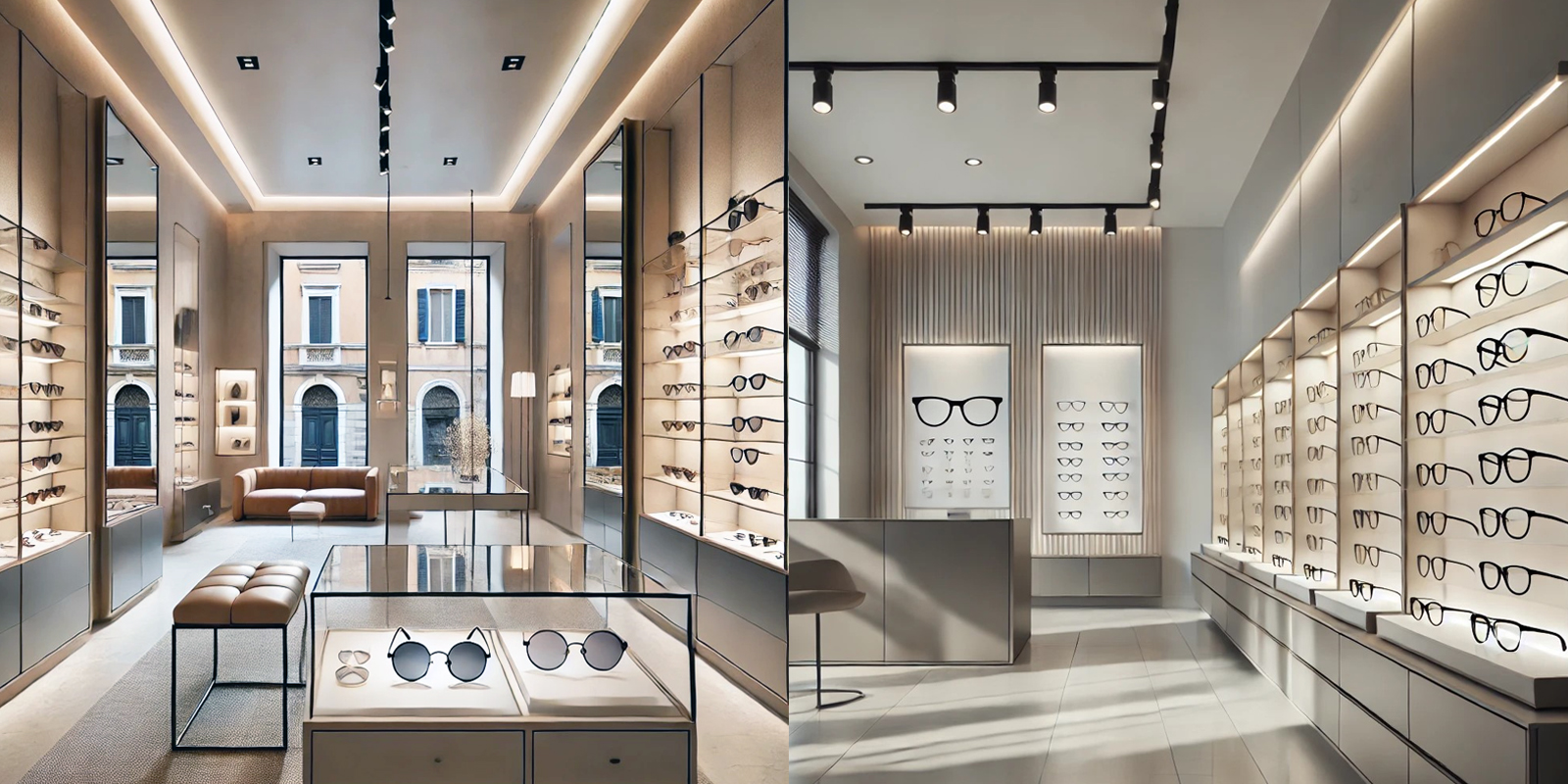 Banchi per esami della vista e consulenze ottica, design ergonomico, illuminazione integrata, spazio per esami e consulenze