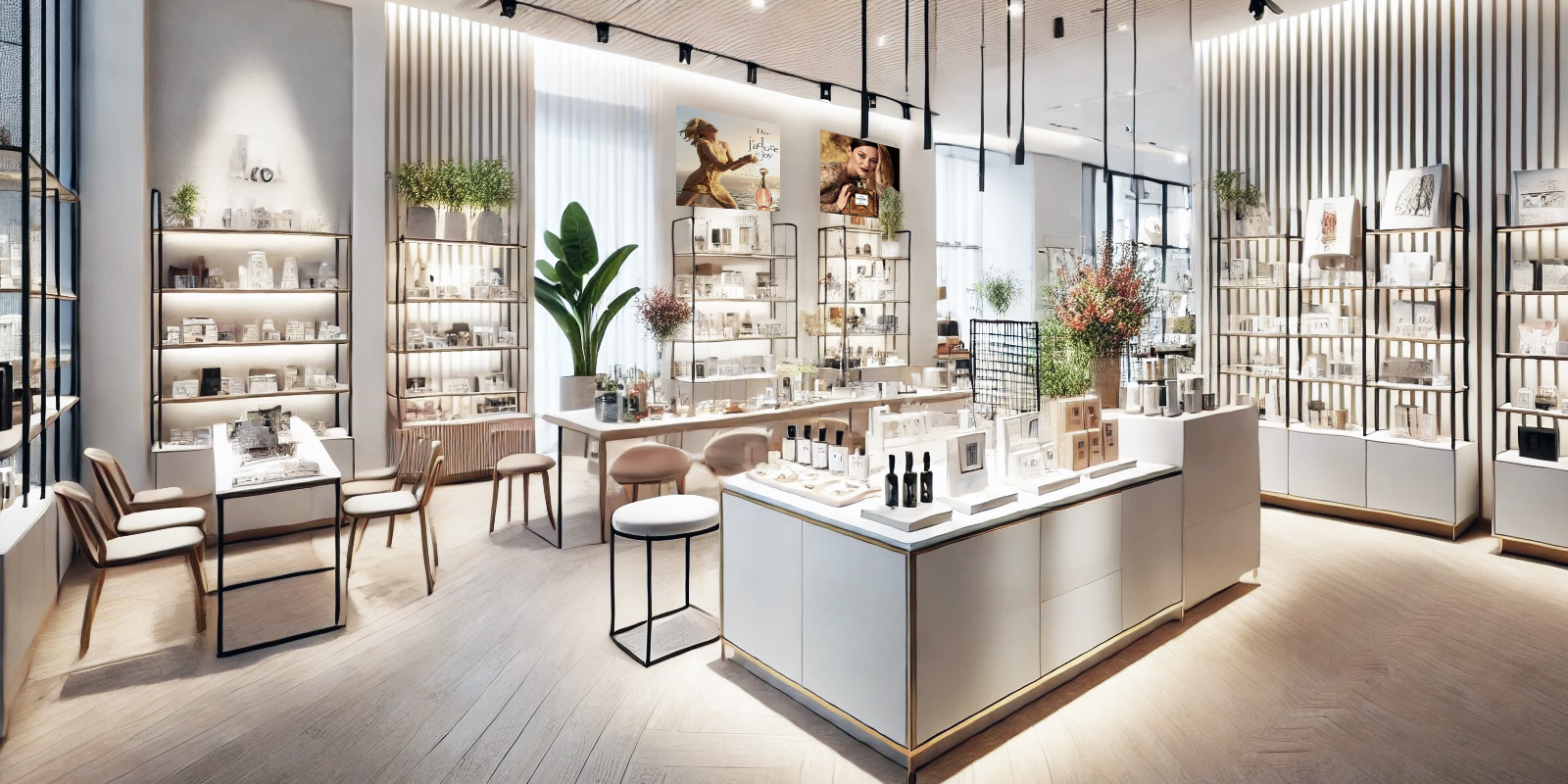 Banchi per make-up e consulenze profumeria, banchi illuminati, sedute confortevoli, spazio per consulenze