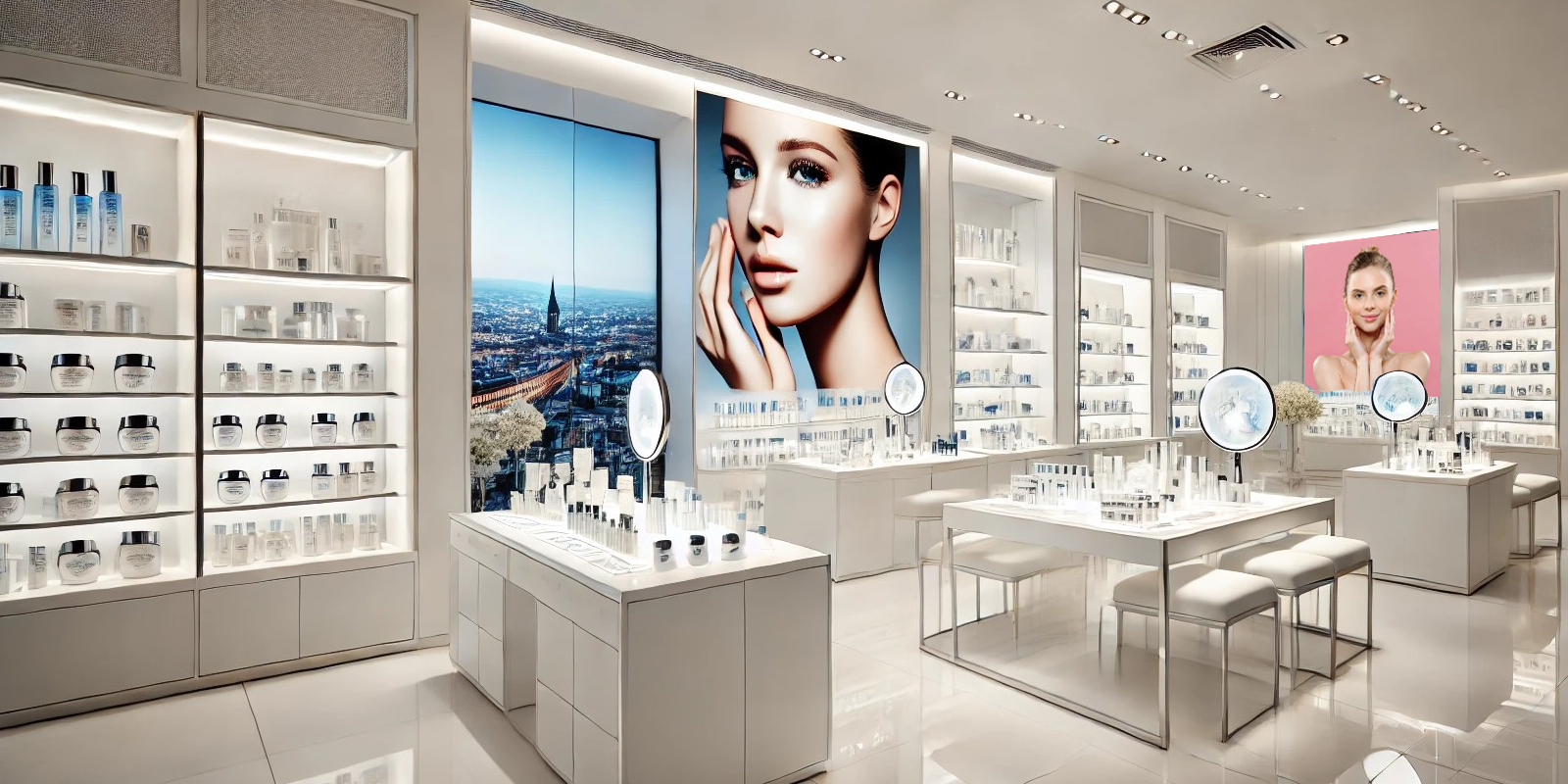 Banchi per prove prodotti e consulenze cosmesi, banchi illuminati, sedute confortevoli, spazio per consulenze