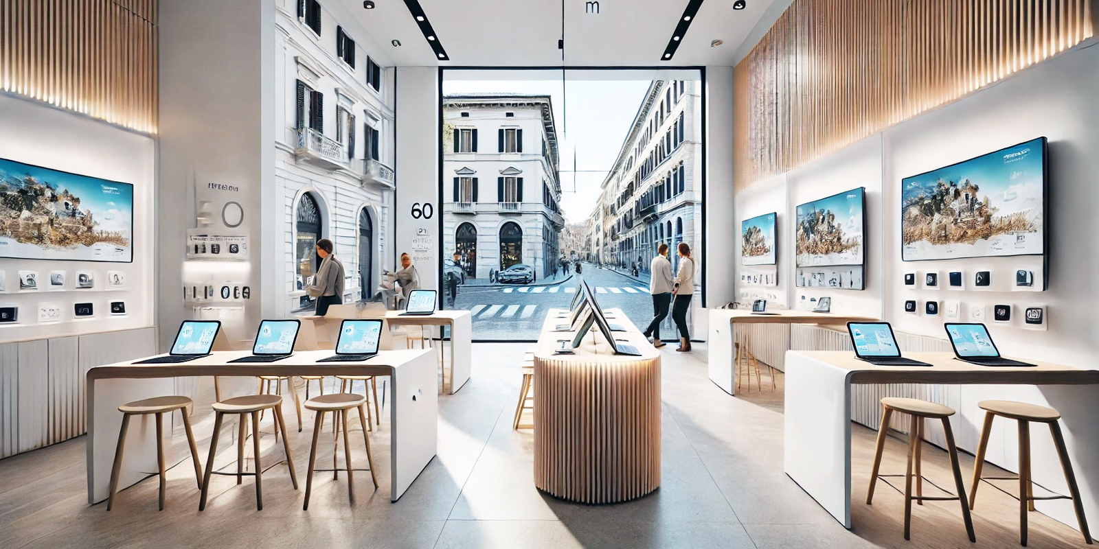 Banchi per sistemi audio hifi, design ergonomico, illuminazione integrata, spazio per dimostrazioni.