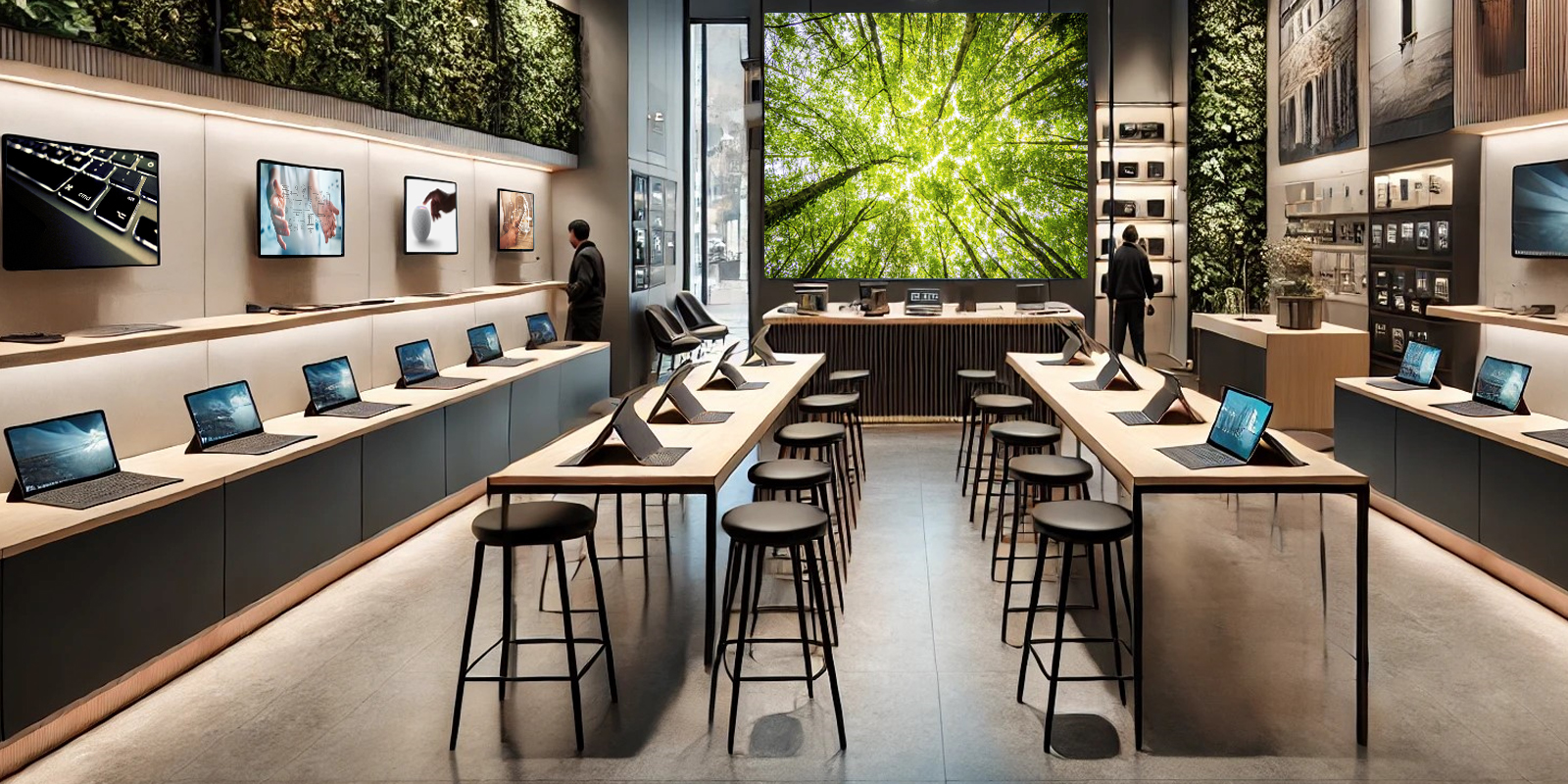 Banchi per sistemi video hifi, design ergonomico, illuminazione integrata, spazio per dimostrazioni.