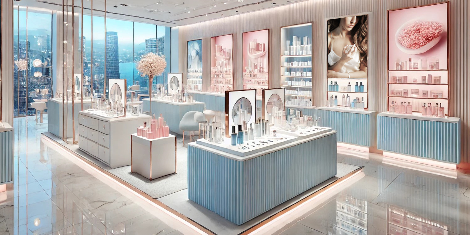 Banchi per trattamenti estetici cosmesi, design ergonomico, illuminazione integrata, spazio per trattamenti.