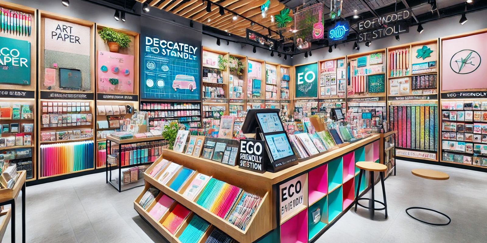 Dettaglio scaffalatura cartoleria, materiali di alta qualità, finiture precise, design elegante.