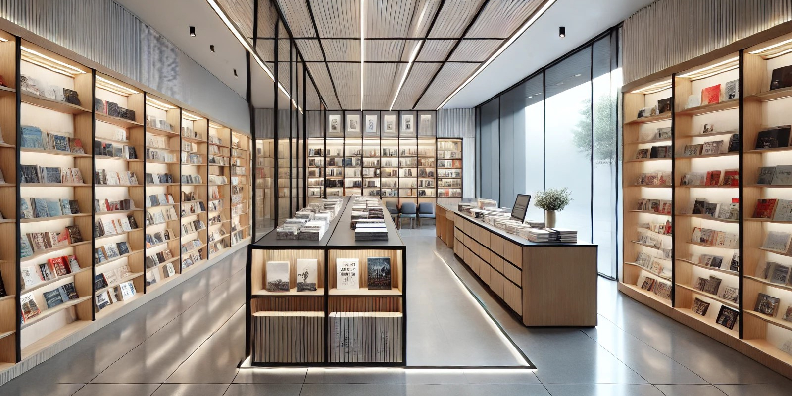 Dettaglio scaffalatura libreria, materiali di alta qualità, finiture precise, design elegante.