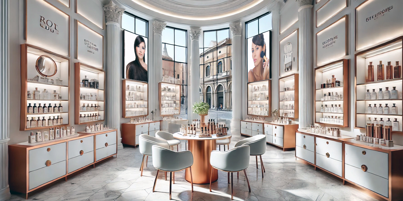 Dettaglio scaffalatura negozio cosmesi, materiali di alta qualità, finiture di pregio, design elegante