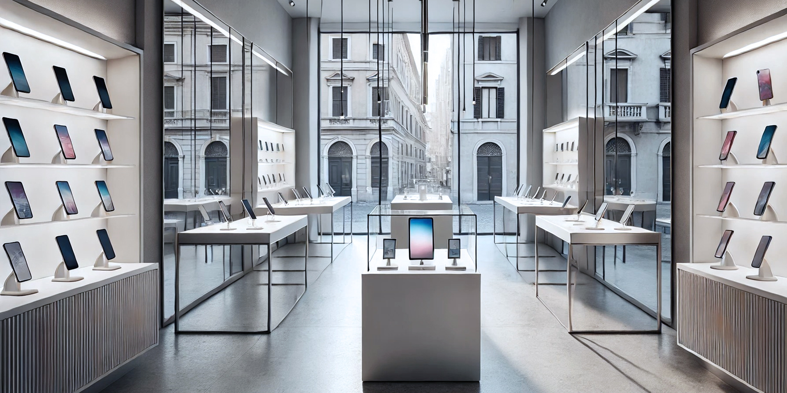 Dettaglio scaffalatura negozio telefonia, materiali di alta qualità, finiture precise, design elegante.