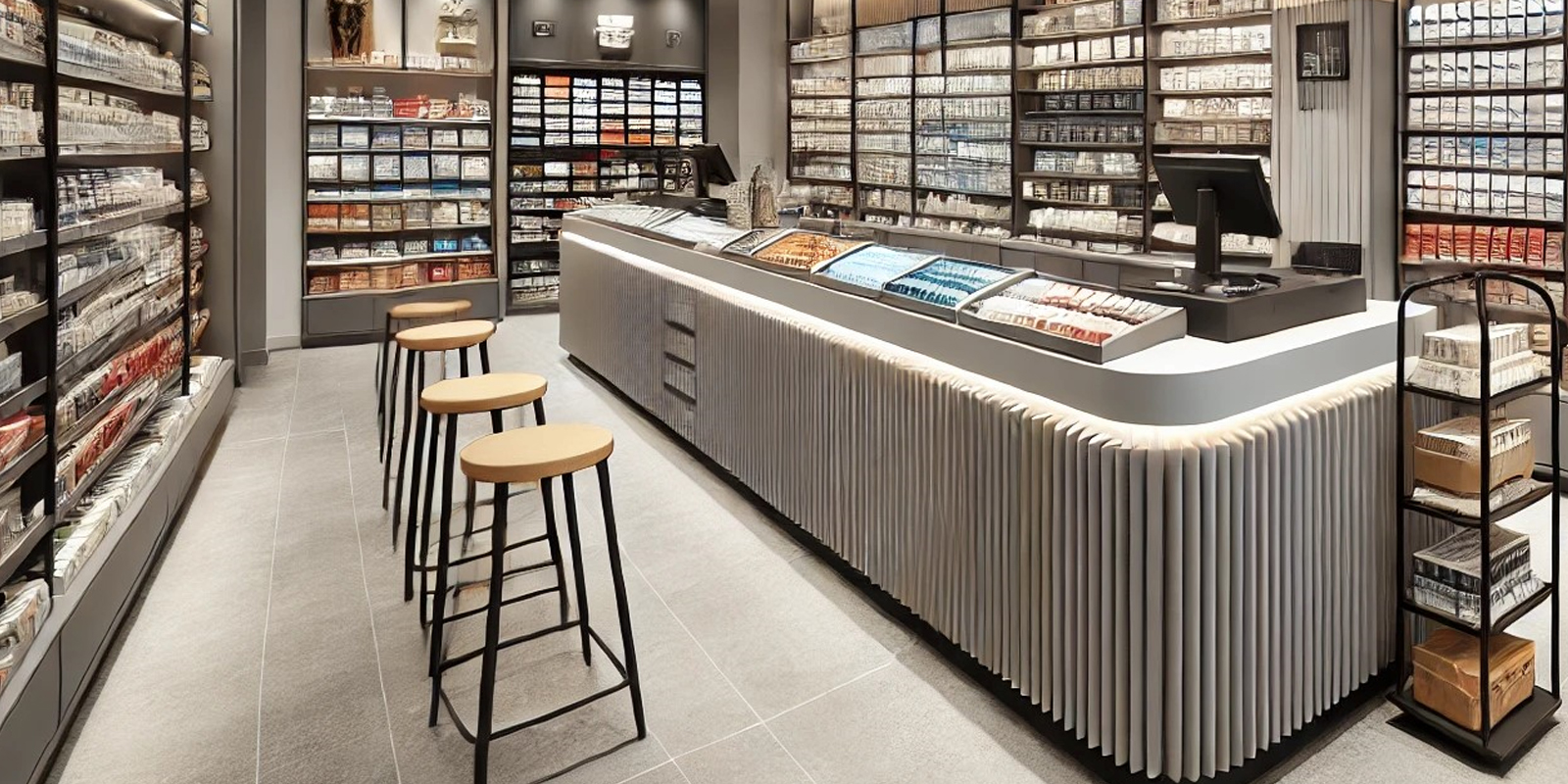 Espositori per articoli da fumo e accessori tabacchi, design funzionale, espositori modulari, materiali resistenti.