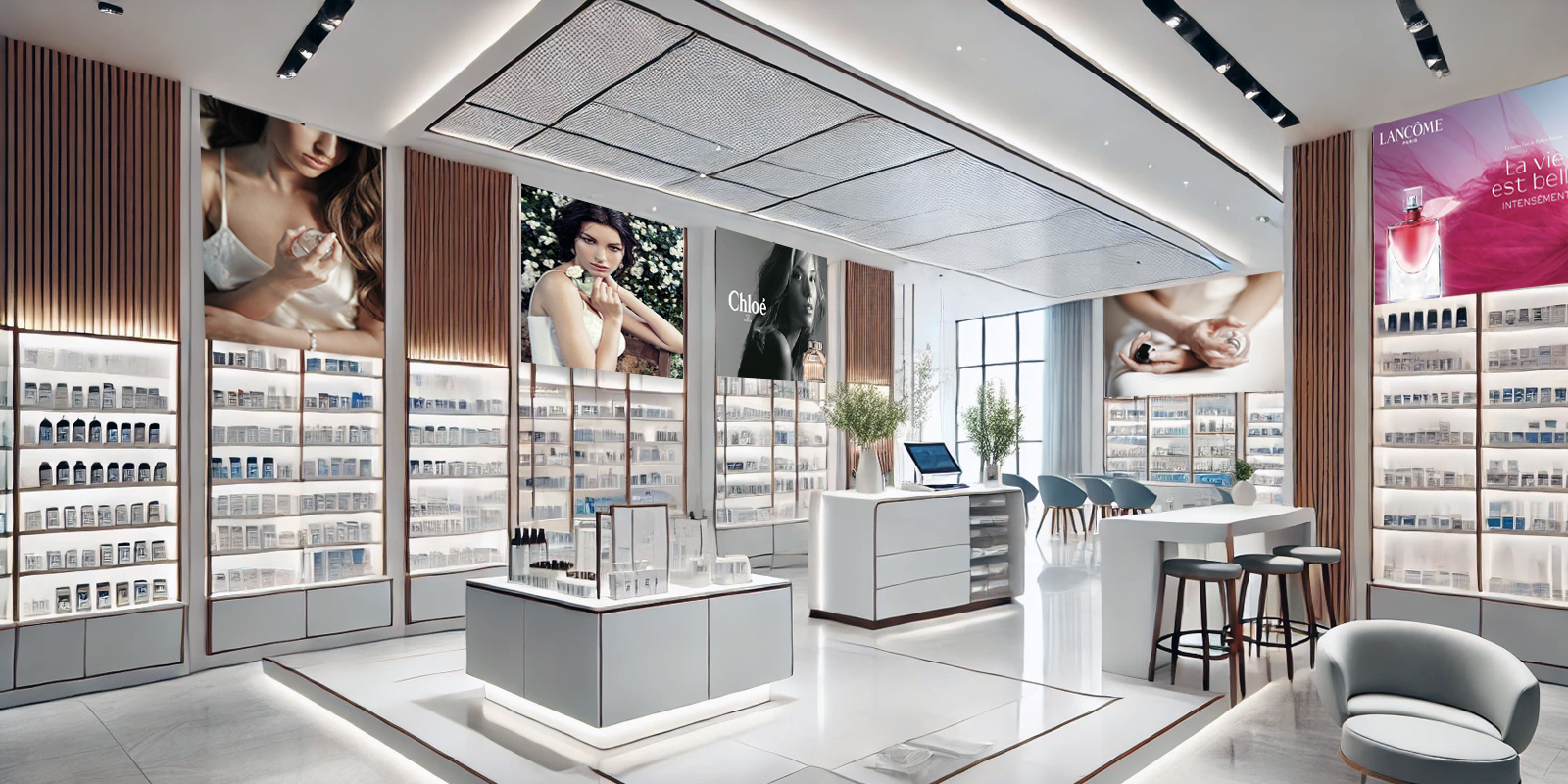 Espositori per cosmetici profumeria, design funzionale, espositori modulari, specchi.