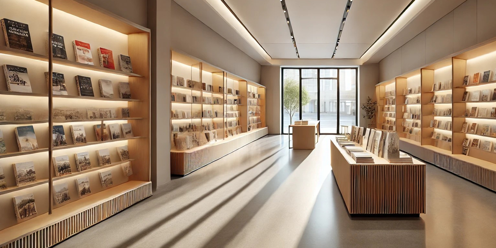 Espositori per libri d'arte libreria, design accattivante, illuminazione a tema, materiali di qualità.