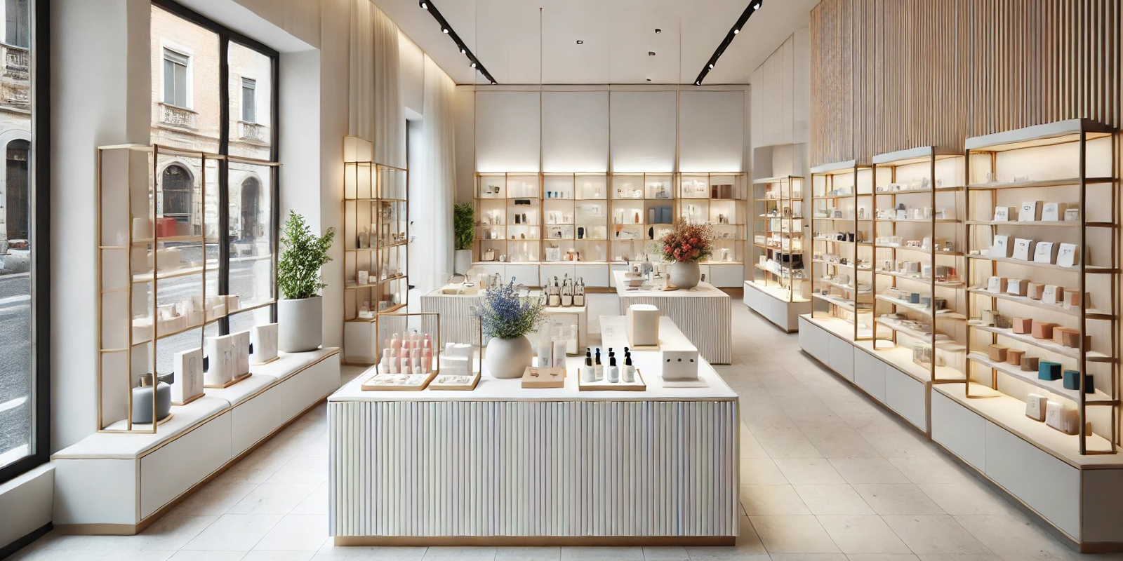 Espositori per marchi di lusso profumeria, design esclusivo, illuminazione a tema, materiali pregiati