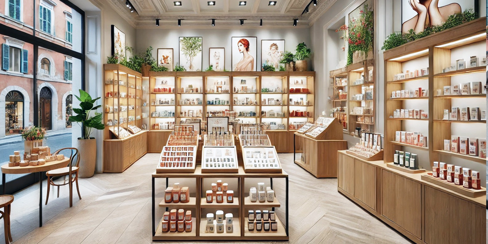 Espositori per prodotti biologici cosmesi, design naturale, esposizione ottimizzata, materiali eco-friendly