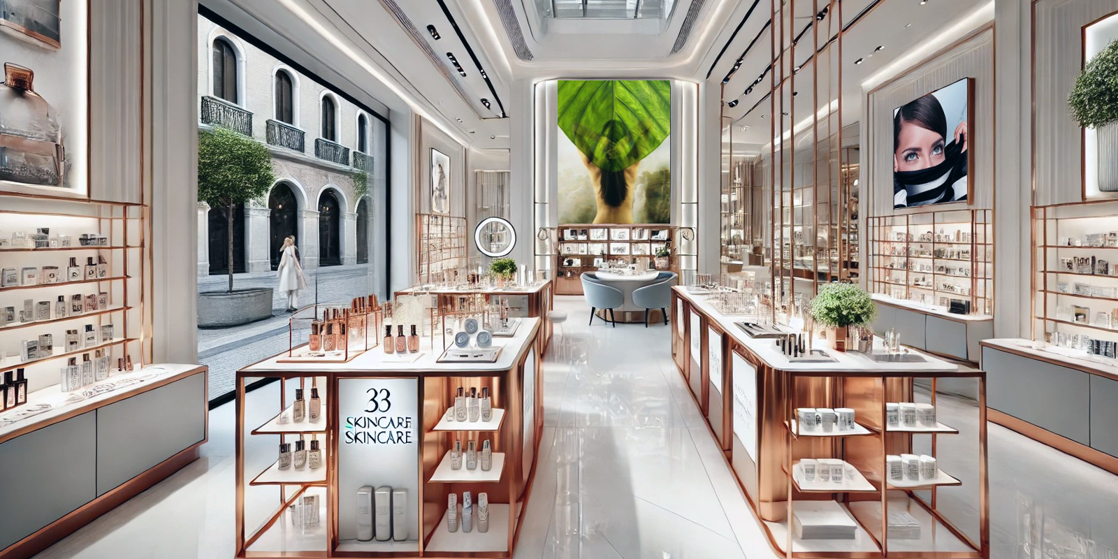 SEspositori per prodotti per la cura della pelle cosmesi, design funzionale, espositori modulari, illuminazione a LED.