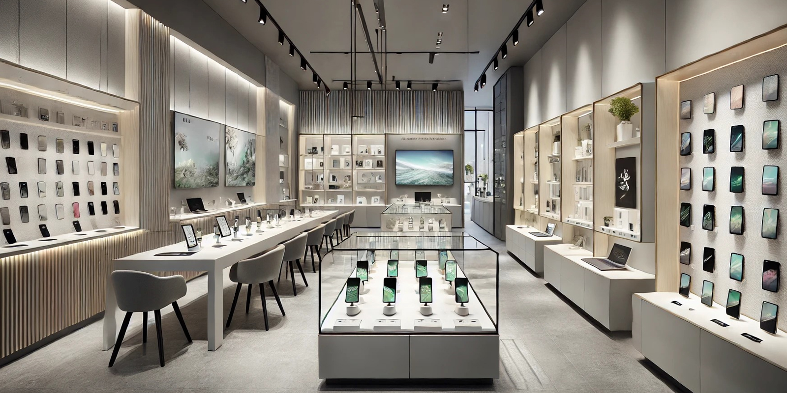 Espositori per tablet telefonia, design accattivante, illuminazione a tema, materiali di qualità.