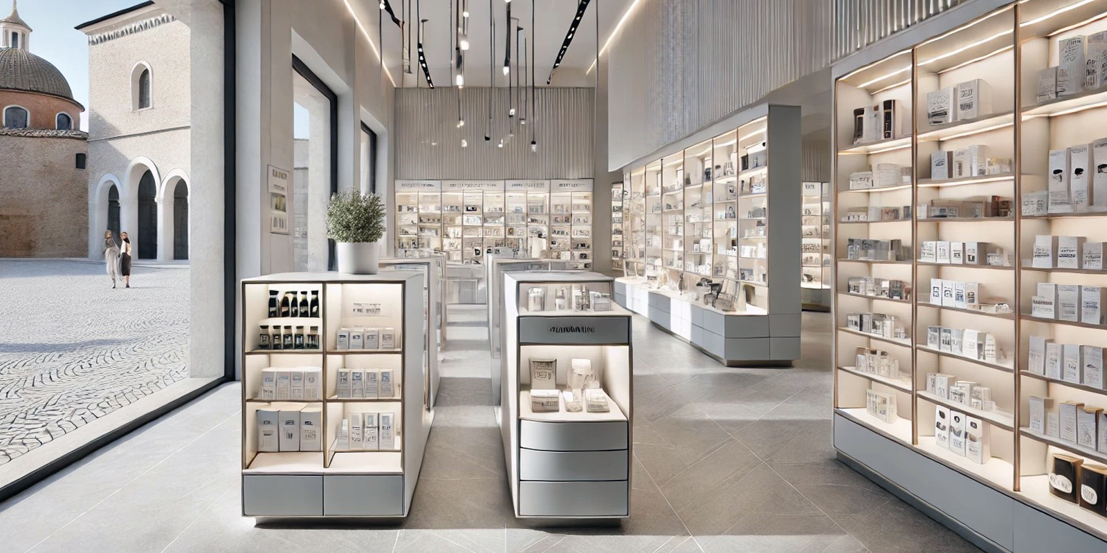 Farmacia arredata Markagency, design moderno e funzionale, ottimizzazione spazi, aumento vendite
