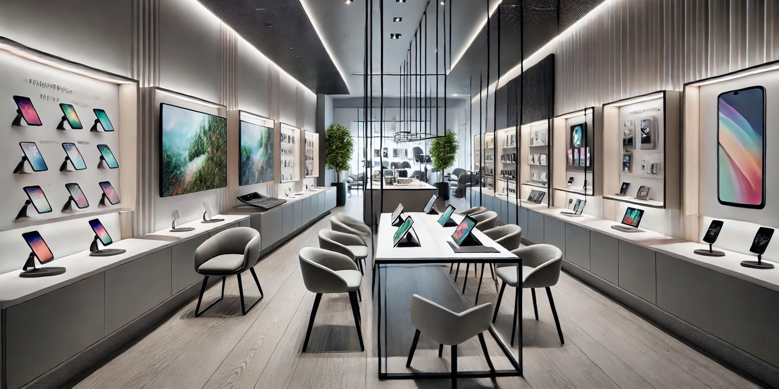 Illuminazione a LED negozio telefonia, luce calda e accogliente, risparmio energetico, valorizzazione dei prodotti.