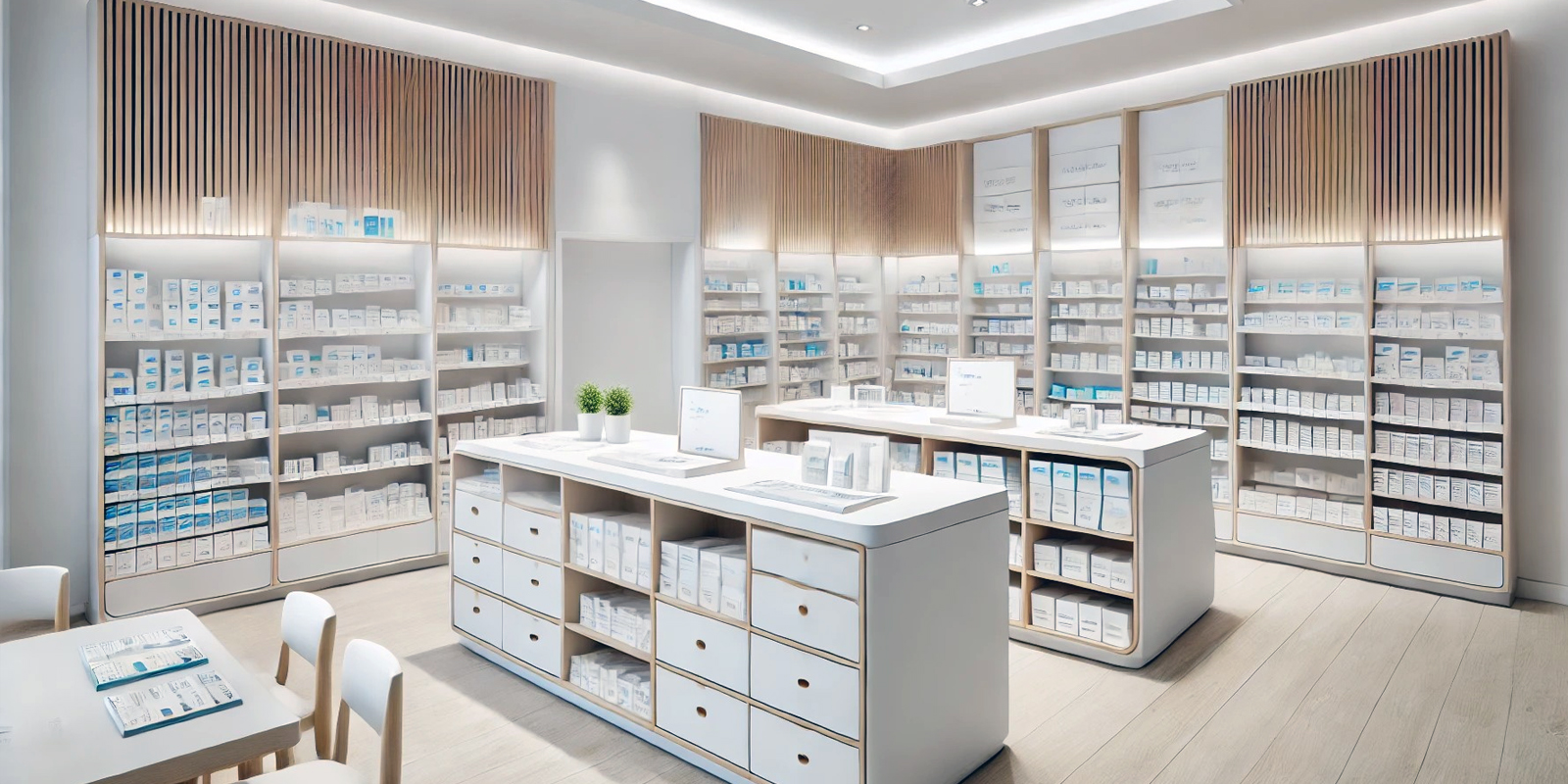 Illuminazione a LED parafarmacia, luce calda e accogliente, risparmio energetico, valorizzazione dei prodotti