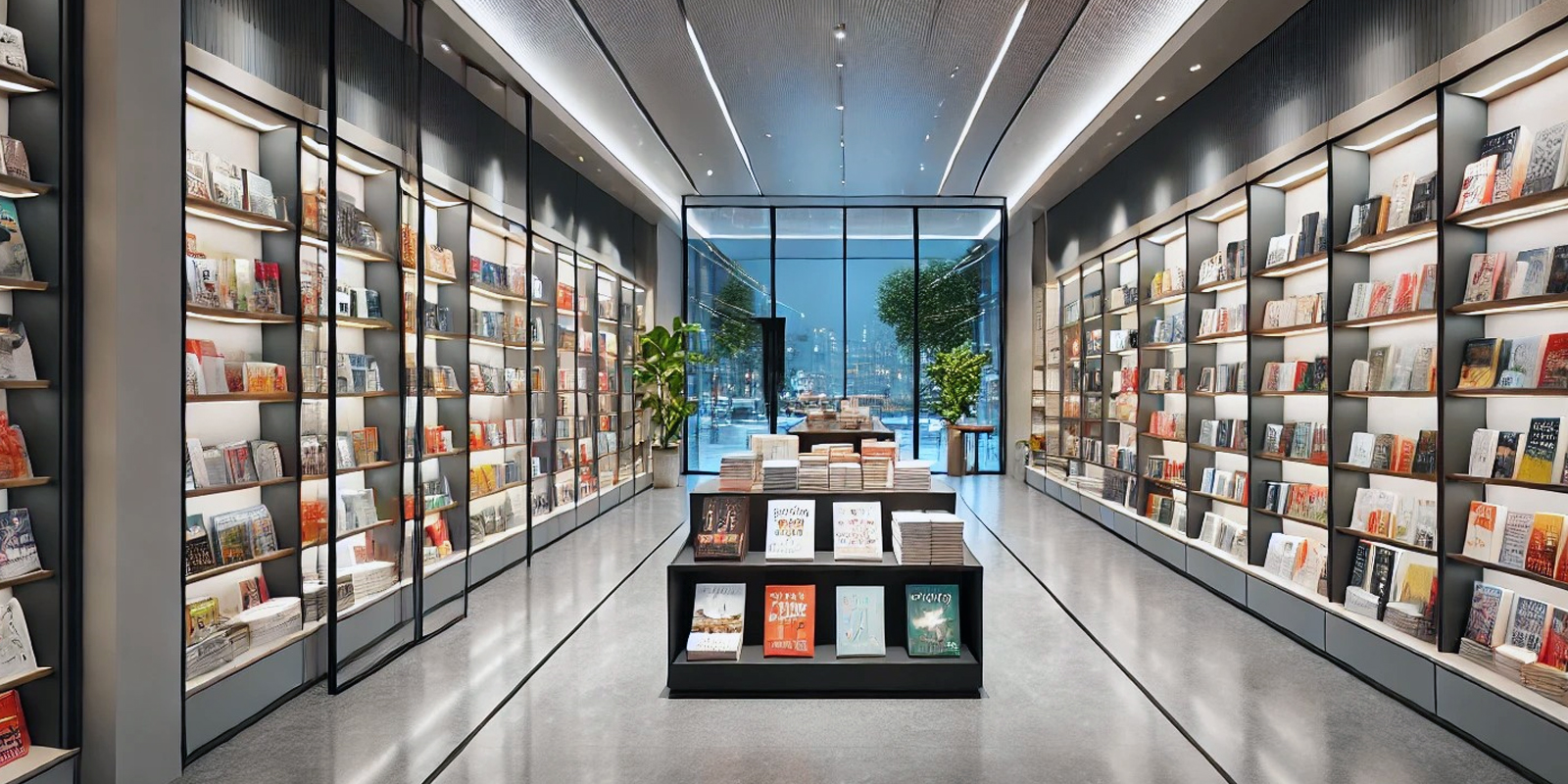 Illuminazione a tema libreria, luce calda e accogliente, risparmio energetico, valorizzazione dei prodotti.