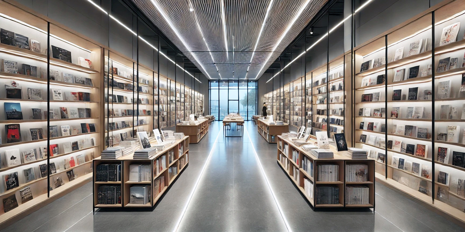 Libreria arredata Markagency, design moderno e funzionale, ottimizzazione spazi, aumento vendite.