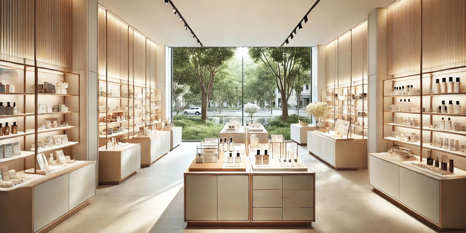Negozio cosmesi design minimalista, spazi ampi, materiali naturali, illuminazione soffusa.