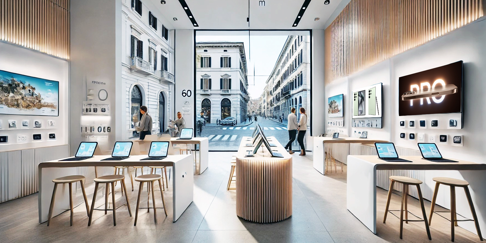 Negozio telefonia arredato Markagency, design moderno e funzionale, ottimizzazione spazi, aumento vendite.