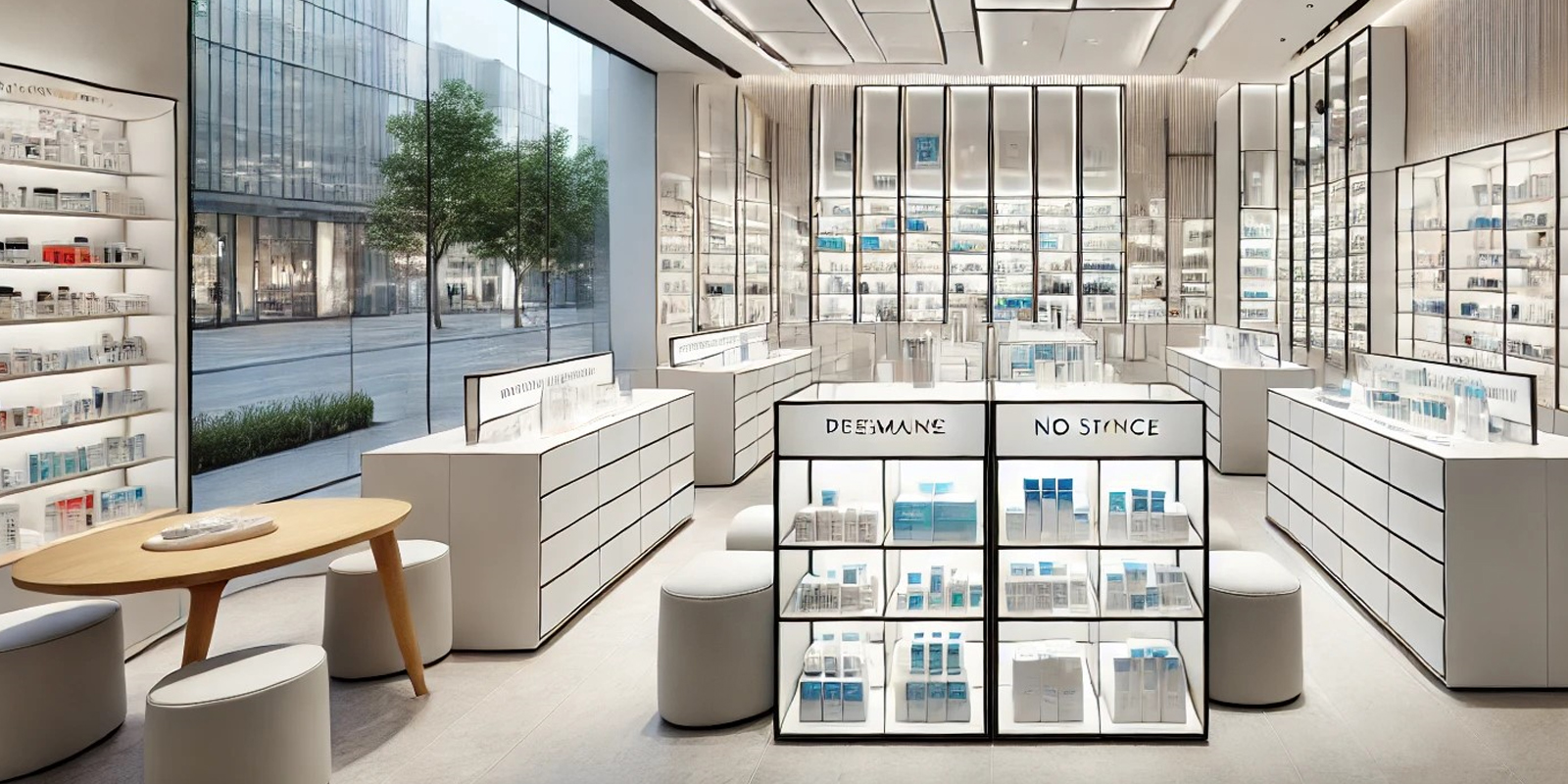Progetto 3D arredo farmacia, visualizzazione anteprima, personalizzazione spazi, design su misura