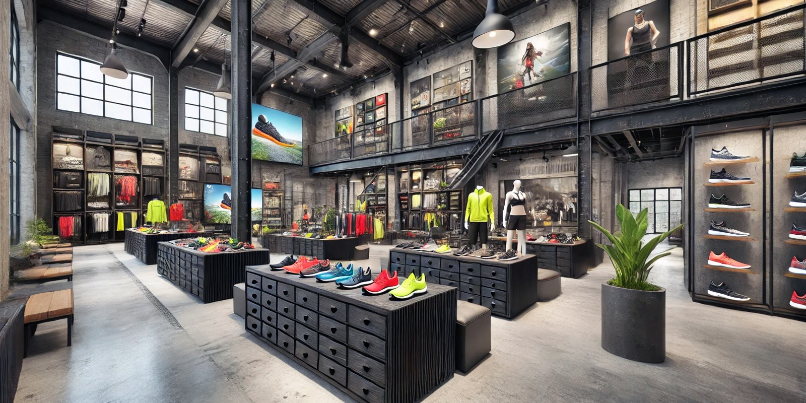 Progetto 3D arredo negozio articoli sportivi, visualizzazione anteprima, personalizzazione spazi, design su misura