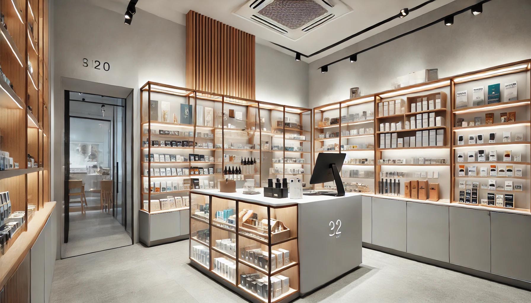 Progetto 3D arredo negozio cosmesi, visualizzazione anteprima, personalizzazione spazi, design su misura