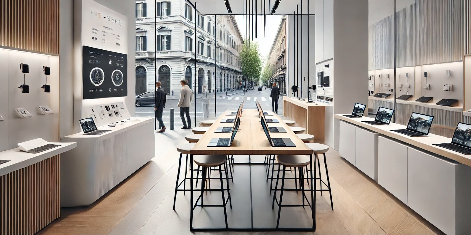 Progetto 3D arredo negozio hifi, visualizzazione anteprima, personalizzazione spazi, design su misura