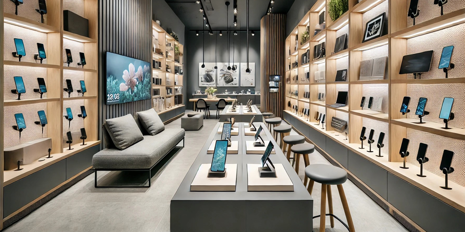 Progetto 3D arredo negozio telefonia, visualizzazione anteprima, personalizzazione spazi, design su misura