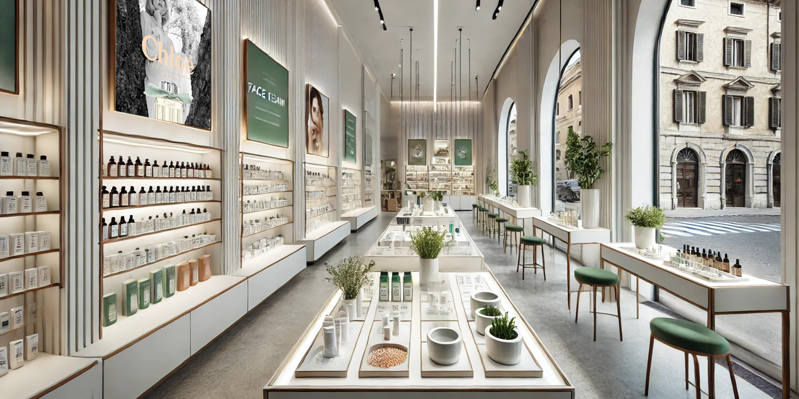 Progetto 3D arredo parafarmacia, visualizzazione anteprima, personalizzazione spazi, design su misura