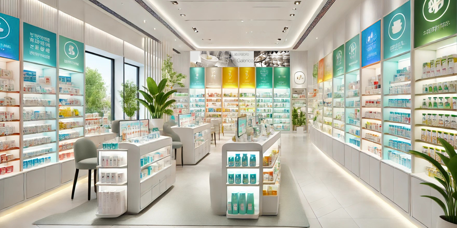 Sala d'attesa farmacia, sedute confortevoli, illuminazione rilassante, riviste e depliant informativi.