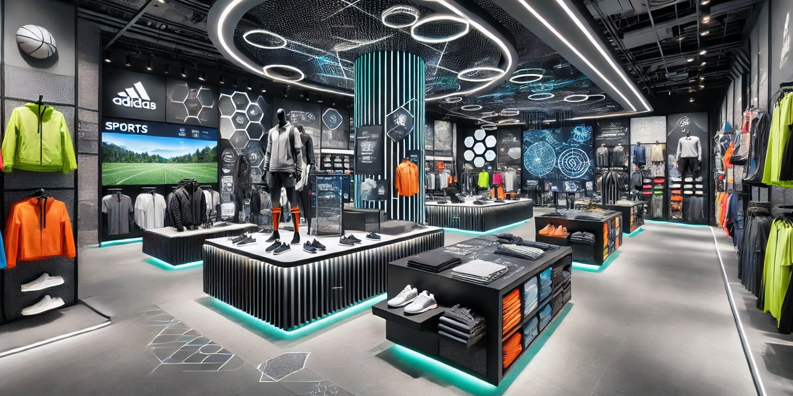 Scaffalature per abbigliamento fitness articoli sportivi, esposizione prodotti, illuminazione a LED, materiali resistenti e facili da pulire