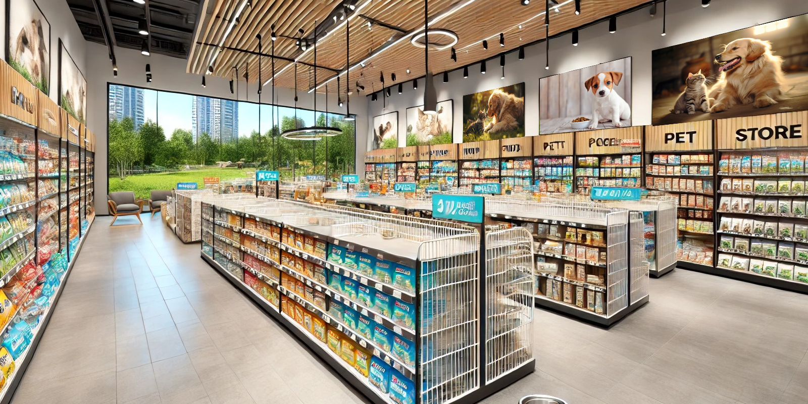 Scaffalature per alimenti e accessori per animali pet store, esposizione prodotti, illuminazione a LED, materiali resistenti e facili da pulire
