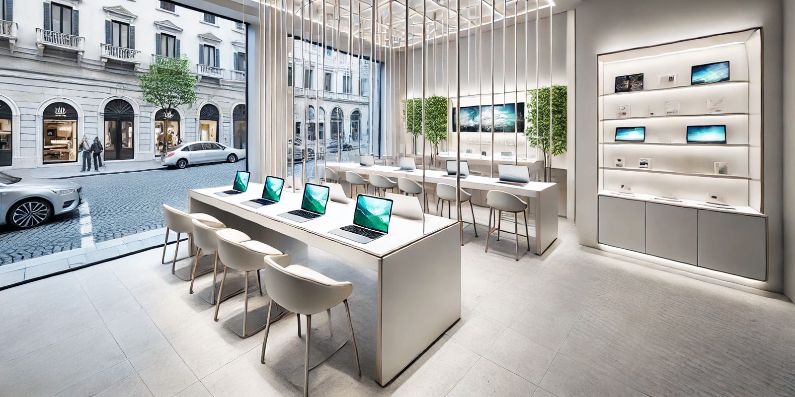 Scaffalature per cuffie telefonia, esposizione prodotti, illuminazione a tema, materiali resistenti e facili da pulire