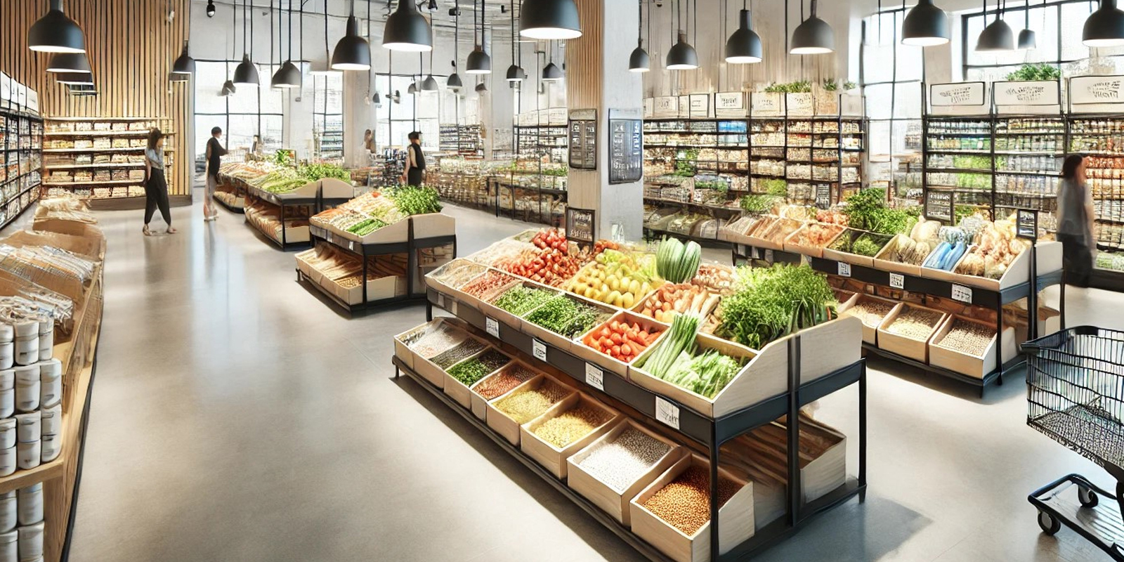 Scaffalature per frutta e verdura alimentari, esposizione prodotti freschi, illuminazione a LED, materiali resistenti e facili da pulire