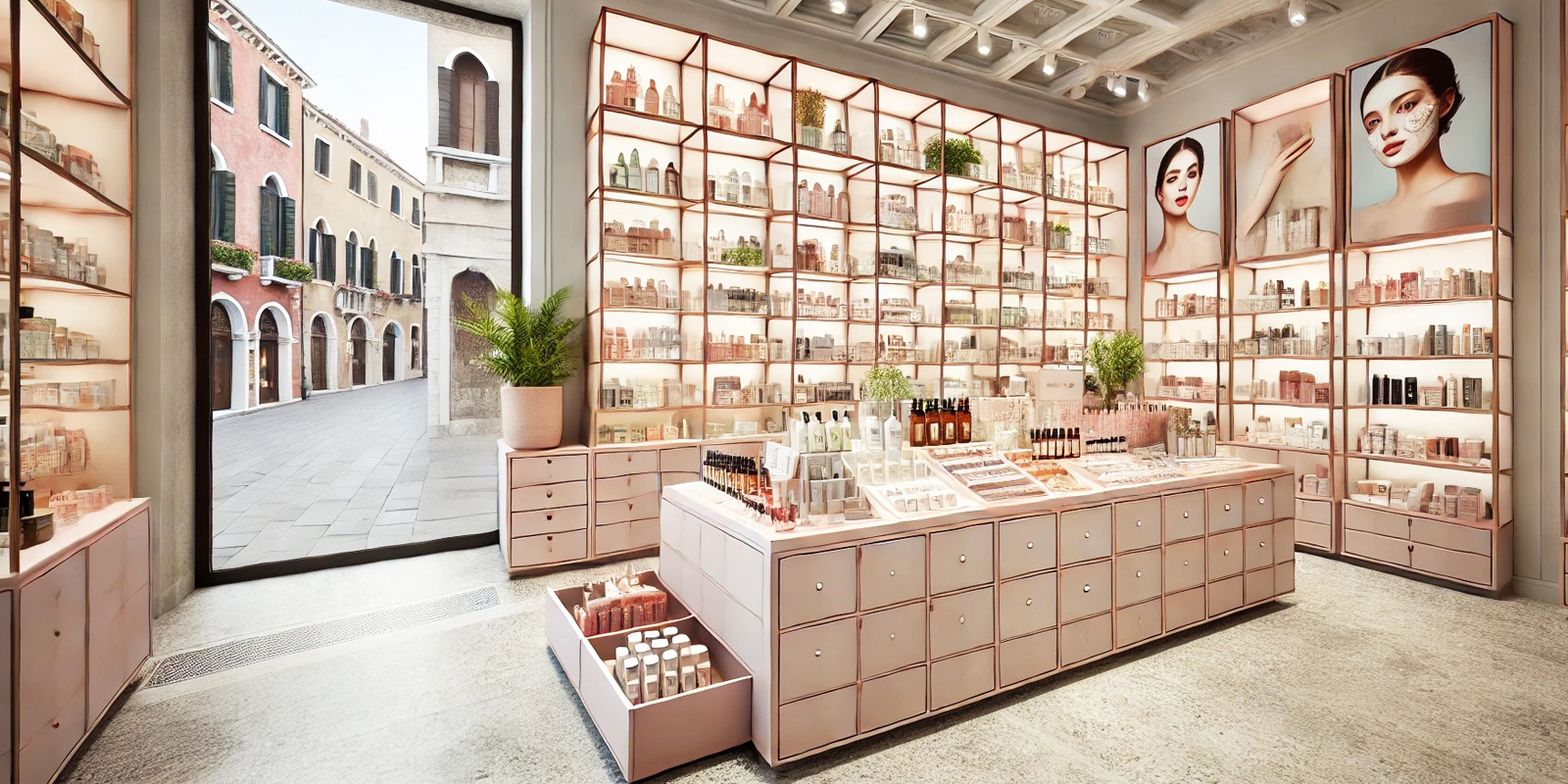 Scaffalature per make-up cosmesi, esposizione ottimale, scaffalature in vetro, specchi.