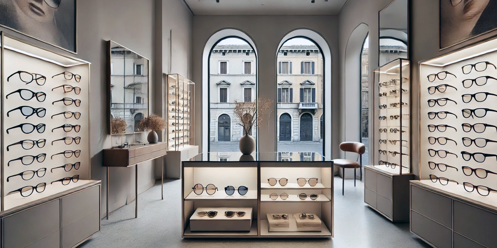 Scaffalature per occhiali da vista e da sole ottica, esposizione prodotti, illuminazione tecnica, materiali resistenti e facili da pulire