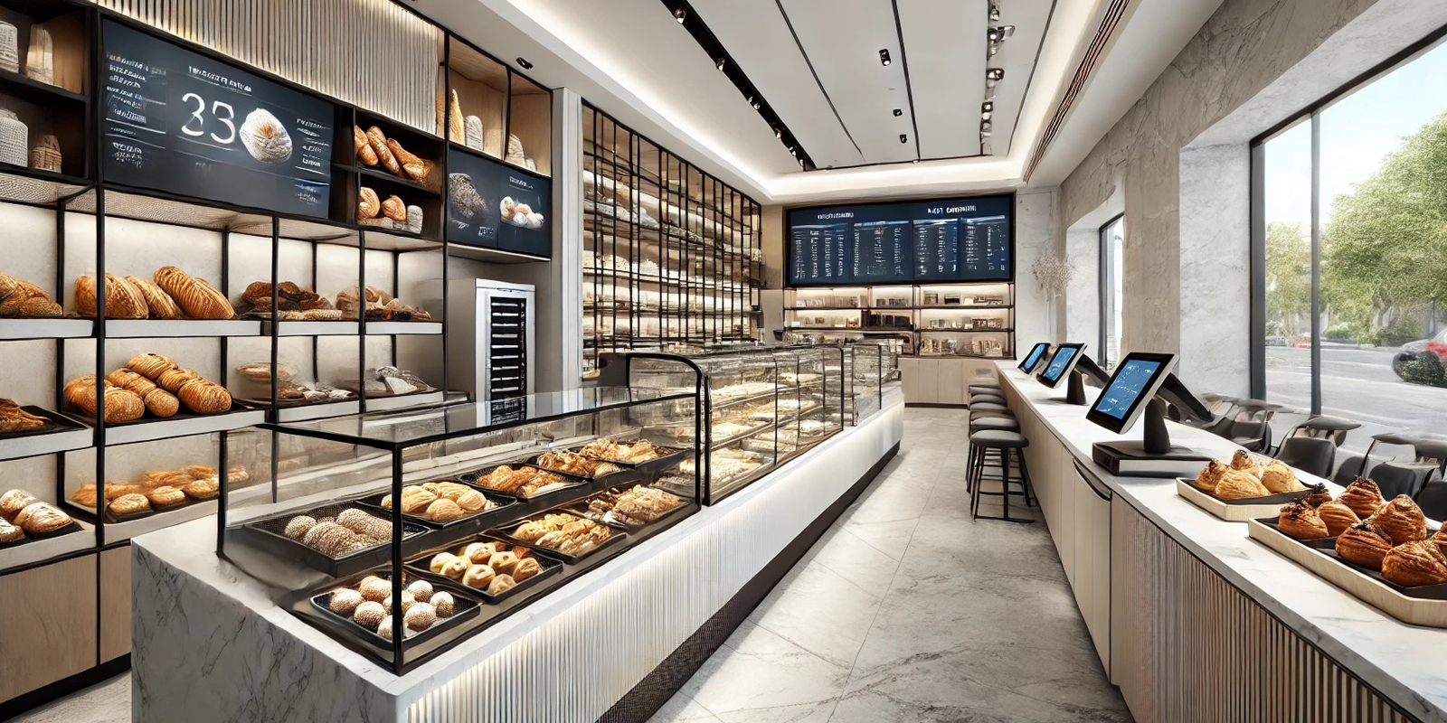 Scaffalature per pane e prodotti da forno panetterie, esposizione prodotti freschi, illuminazione calda, materiali resistenti e facili da pulire