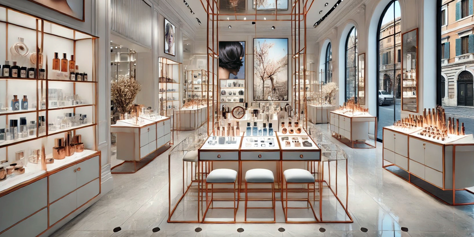 Scaffalature per prodotti per la cura dei capelli cosmesi, esposizione ottimale, materiali resistenti, design funzionale