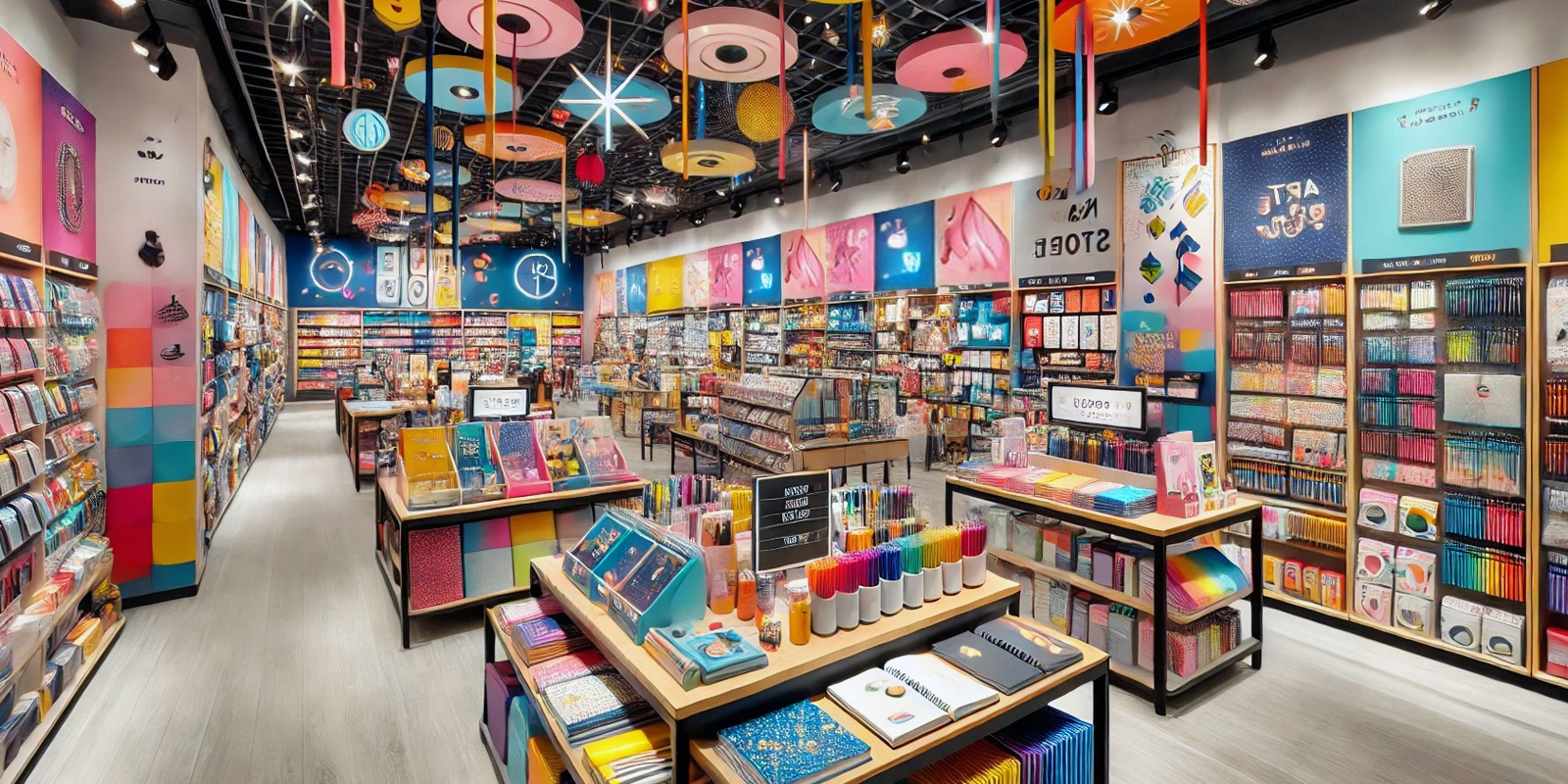 Scaffalature per quaderni e libri cartoleria, esposizione prodotti, illuminazione a LED, materiali resistenti e facili da pulire