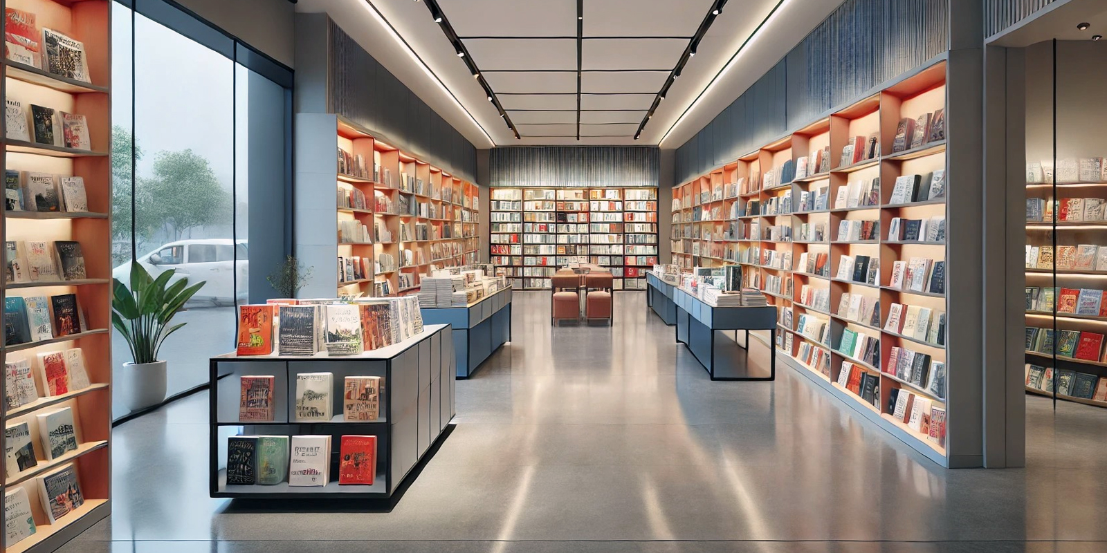 Scaffalature per romanzi e saggi libreria, esposizione prodotti, illuminazione a LED, materiali resistenti e facili da pulire