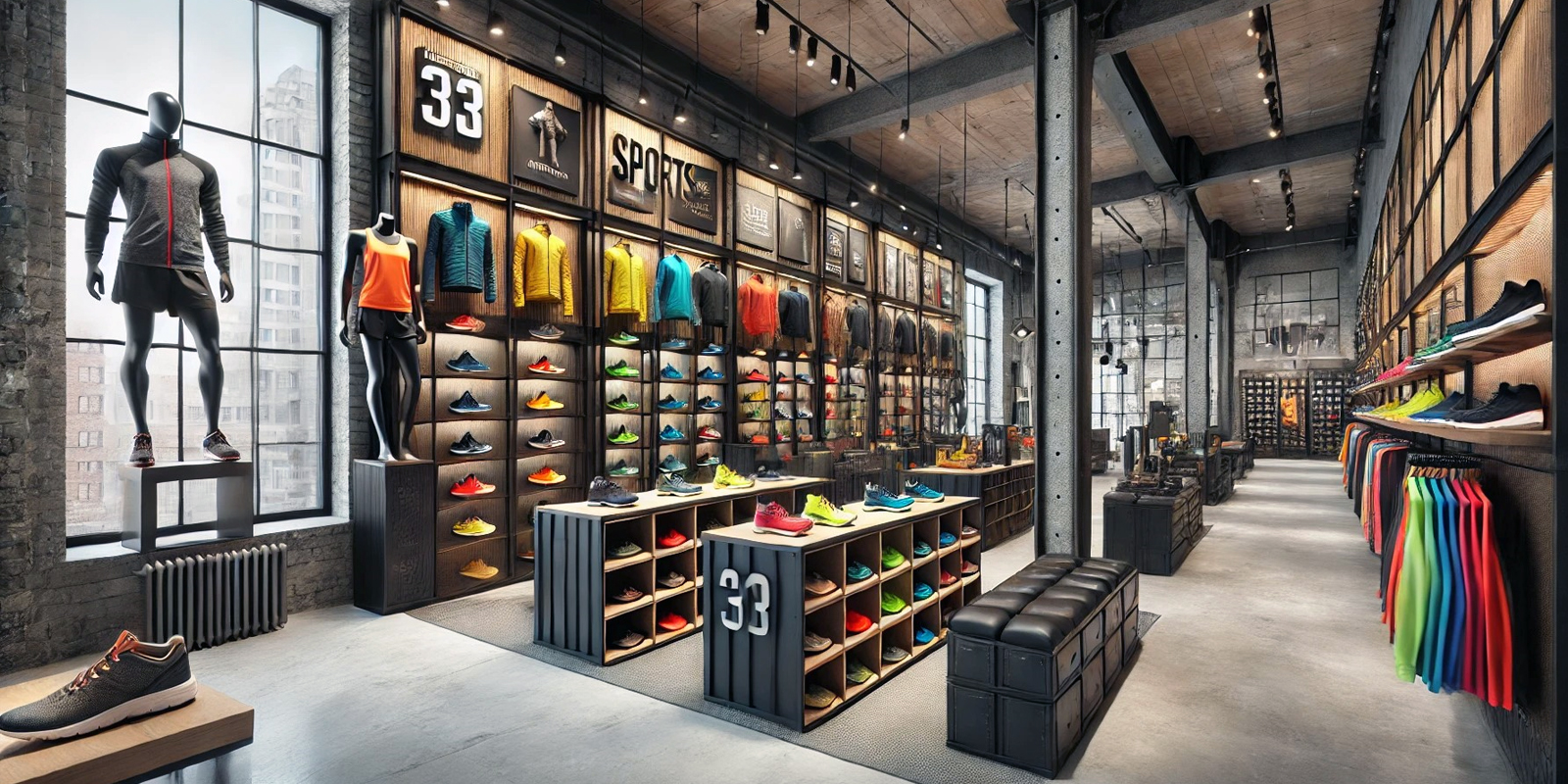 Scaffalature per scarpe da ginnastica articoli sportivi, esposizione prodotti, illuminazione a LED, materiali resistenti e facili da pulire